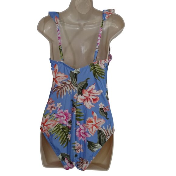 Kona Sol Blue Floral Tropical Print One Piece Swimsuit Women Size M Ruffle - Picture 3 of 12